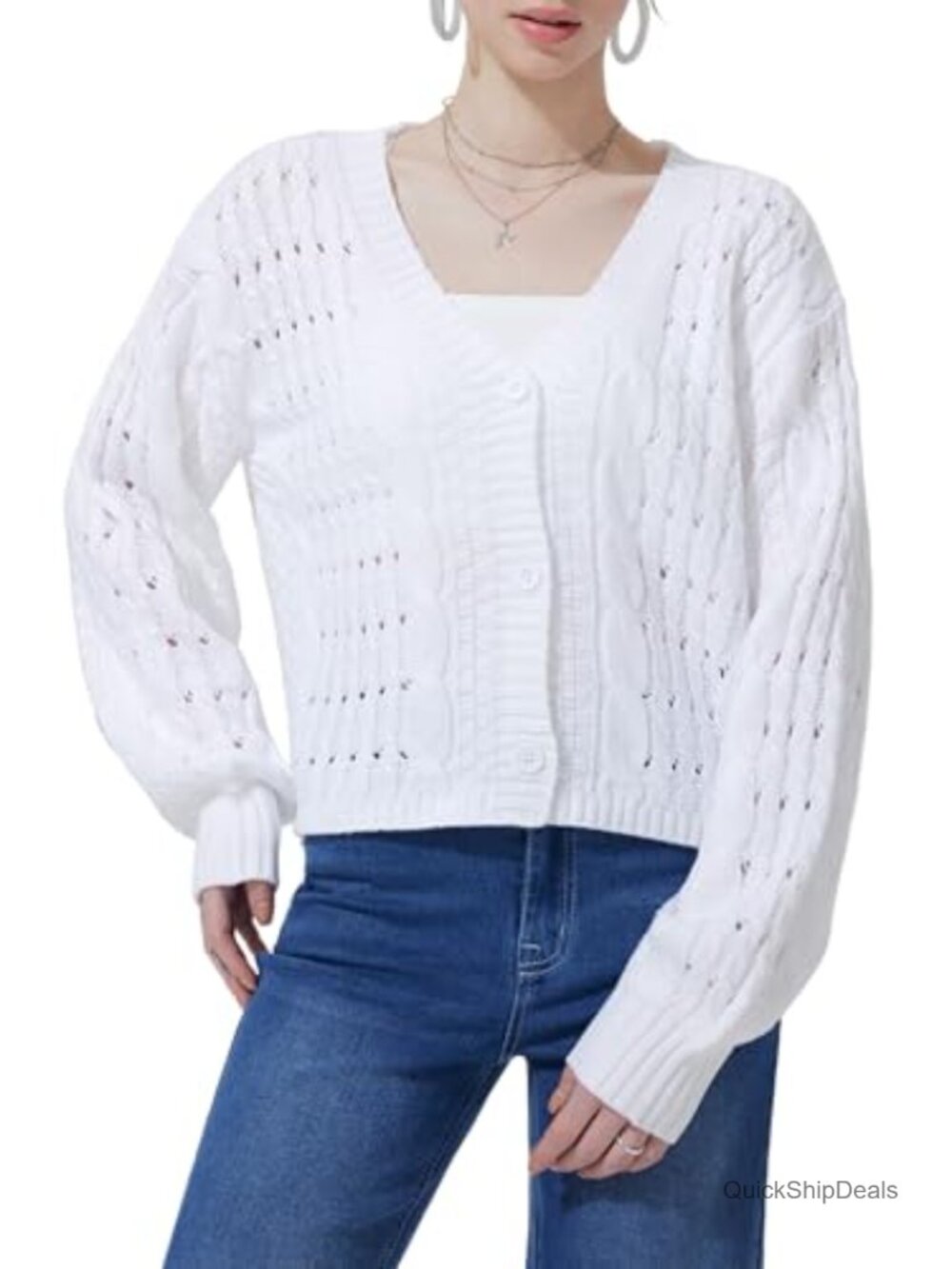 Womens Cropped Cardigan Sweater V-Neck Button Long Sleeve Cable Knit Lightweight